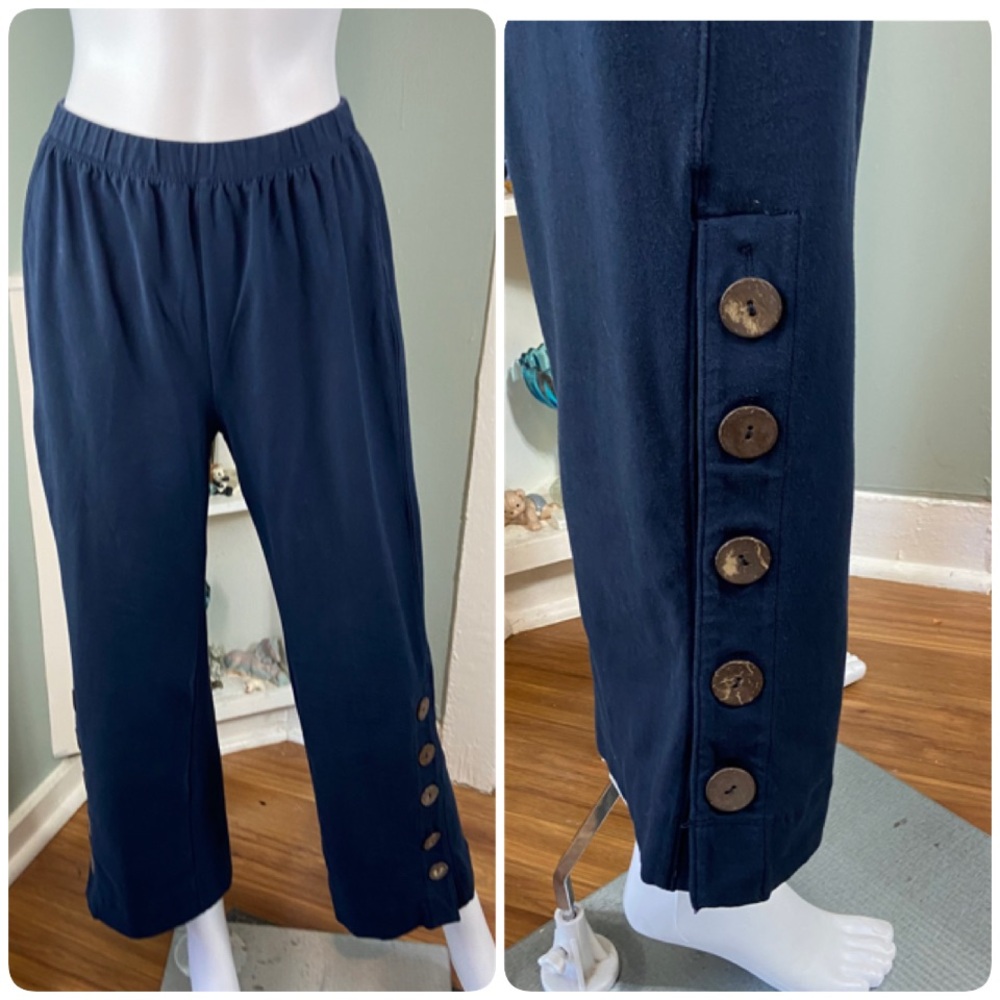 Soft Surroundings Navy Blue Pull On Pants Straight Leg Side Buttons Lounge XS